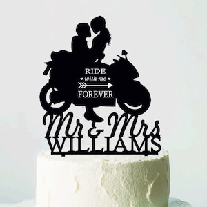 Ride With Me Forever Wedding Cake Topper, Motorcycle Cake Topper, Bride and Groom  motobike, Personalized Cake Topper, Biker Couple Wedding