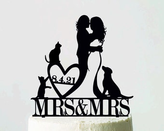 Topper de pastel de boda lésbico, Topper de pastel Mrs&Mrs, boda del mismo sexo, topper de pastel con dos gatos y perros, topper de pastel de boda con perros, regalo