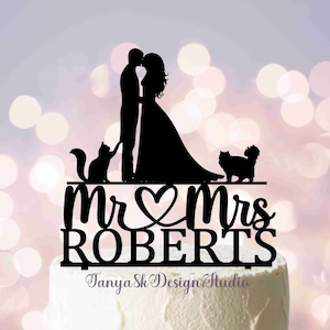 Wedding cake topper with two Cats, Cake Topper with cat, Bride and Groom Silhouette, Mr&Mrs with heart, Cake topper with Pets, Funny Topper