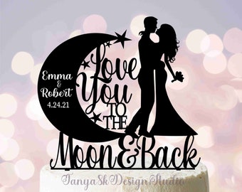 Moon and Stars Wedding Cake Topper, Love You To The Moon and Back, Silhouette Bride and Groom, Personalized Cake Topper, First Name Topper