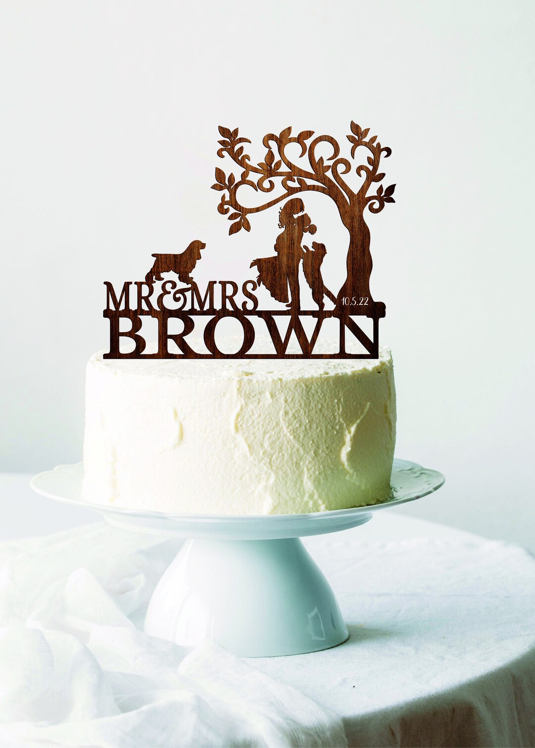 Tree Wedding Cake Topper With Two Dogs, Personalized Wood Tree Cake Topper, Rustic Cake Topper