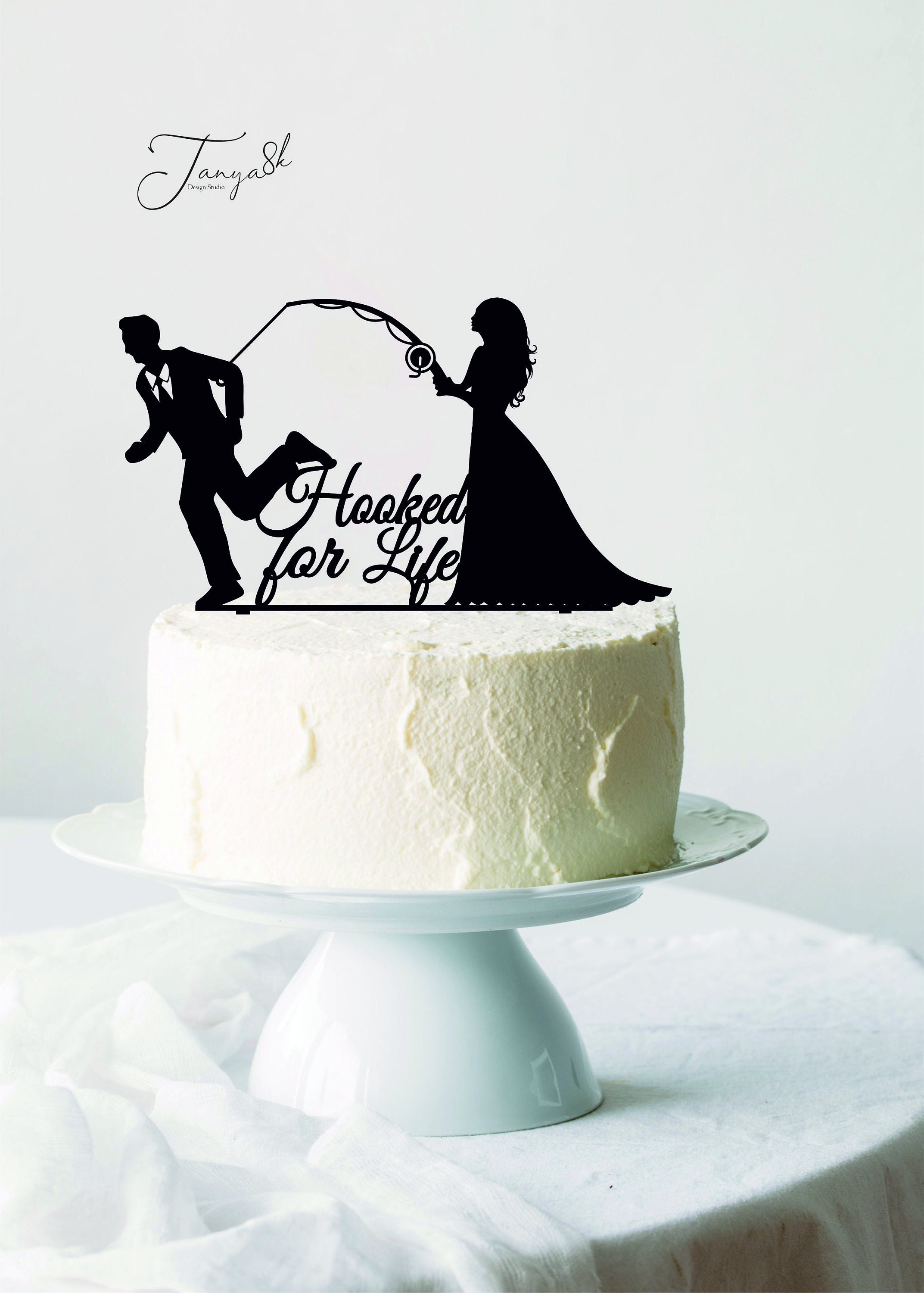 Bride Pulling Groom Wedding Cake Topper, Hooked for Life, Bride
