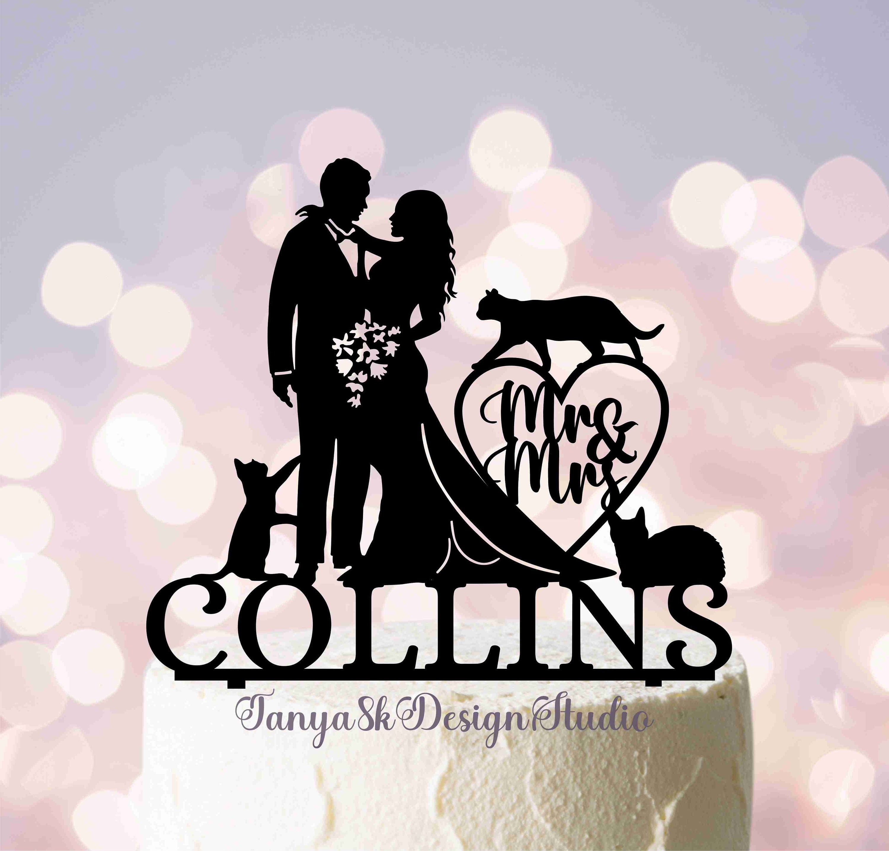 Wedding cake topper with three Cats, Cake Topper with cat, Bride and Groom Silhouette, Mr&Mrs Topper, Cats Couple Cake Topper, Funny Topper