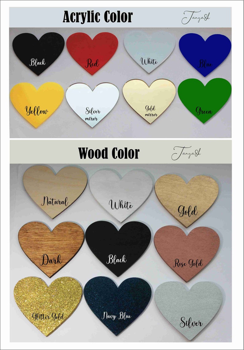 May include: Image showcasing heart-shaped color samples. The top section displays acrylic colors: black, red, white, blue, yellow, silver mirror, gold mirror, and green. The bottom section features wood colors: natural, white, gold, dark, black, rose gold, glitter gold, navy blue, and silver.