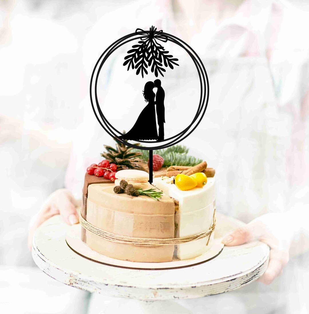 Christmas Wedding Cake Topper, Bride and Groom Kissing Under the ...