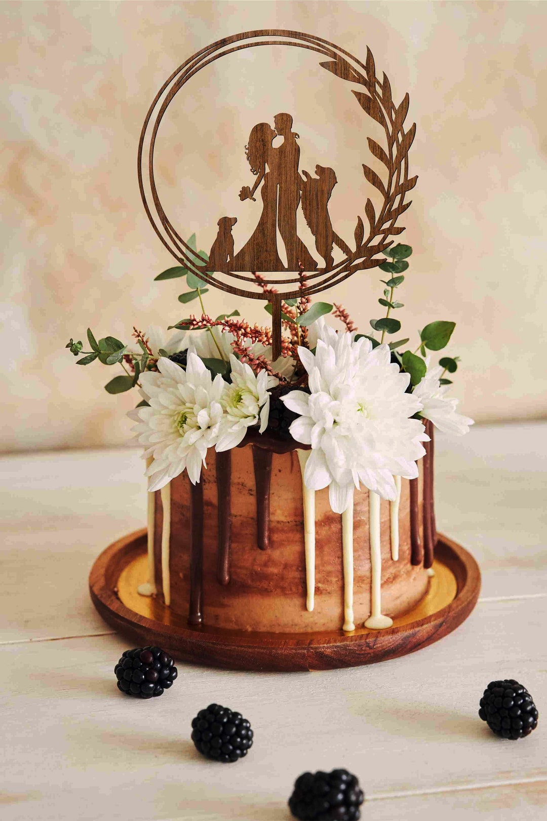 Boho Floral Wedding Cake Topper With Two Dos, Wreath Wood Cake Topper ...
