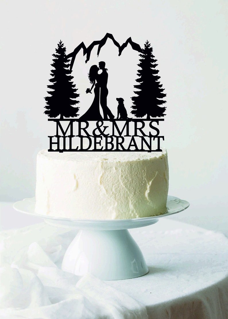 Mountain Wedding Cake Topper with dog, Silhouettes Bride and Groom, Cake Topper with dog, Dog theme, Mr&Mrs Topper, Personalized Cake Topper image 1