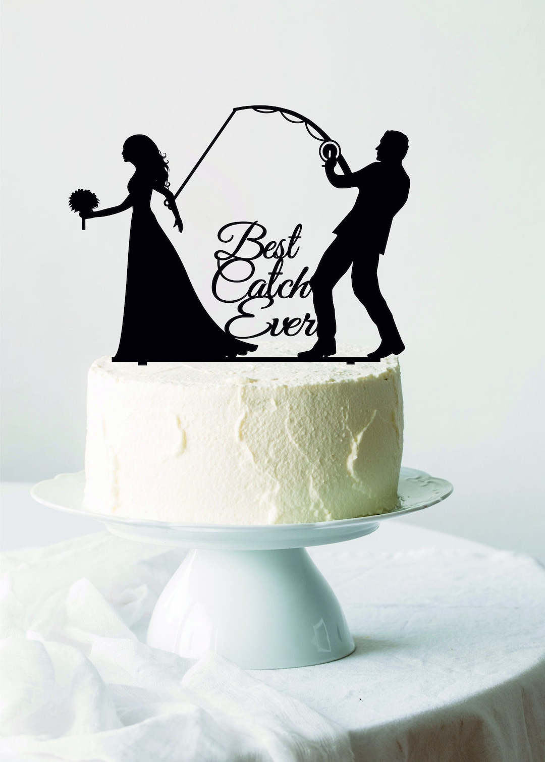 Groom Pulling Bride Wedding Cake Topper, Best Catch Ever, Groom Dragging Bride Topper, Fishing