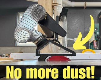 May include: A black dust collection system for a table saw. The system includes a flexible hose, a black metal bracket, and a clear plastic dust collection tube. The text "No more dust!" is written in yellow on the table saw.