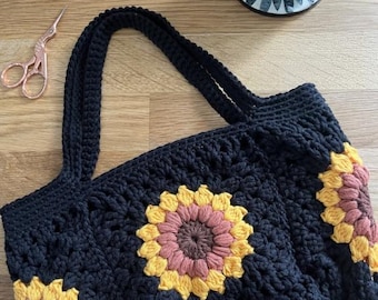 Sunflower Granny Square Bucket Bag crochet pattern - downloadable PDF