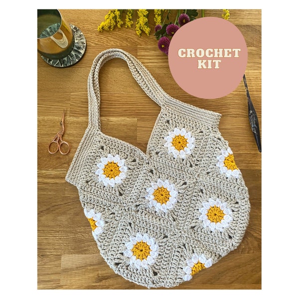 Kit au crochet pour sac fourre-tout marguerite - cadeau parfait pour les débutants astucieux !