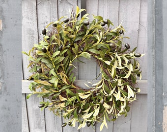 All Year Round Long Lasting Faux Flower Wreath, Front Door Artificial Olive Foliage Wreath Decoration Porch Wreath Decor