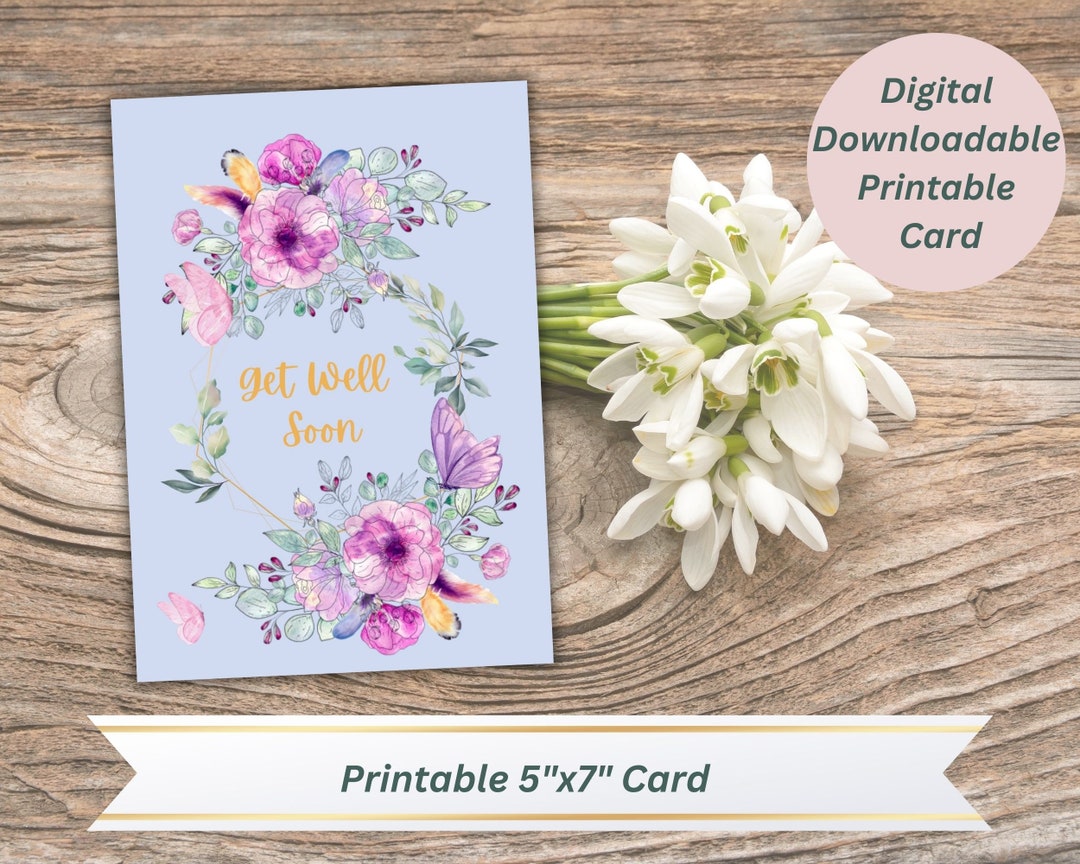 Digital Printable Get Well Soon Card Pink Blue Lilac Butterfly and ...