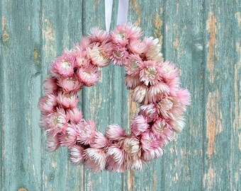 Handmade Versatile Petite Pink Dried Flowers Spring Wreath All Seasons Home Wall Porch Delicate Floral Everlasting Decor, Unique Gift Idea