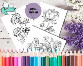 25 Printable Flower Designs Coloring Pages, Coloring Book Self Care, Flower Bouqets, Peonies, Dahlias, Sunflowers, Roses, Digital Download