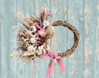 Handmade Natural Dried Flowers Spring Wreath in Pastel Colours. Unique Gift. Boho Rustic Door Wall Decoration Porch Wreath Table Decor