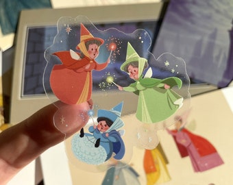 Three Fairies Sleeping Beauty Sticker / Good Fairies Flora Fauna Merryweather Clear Transparent Sticker