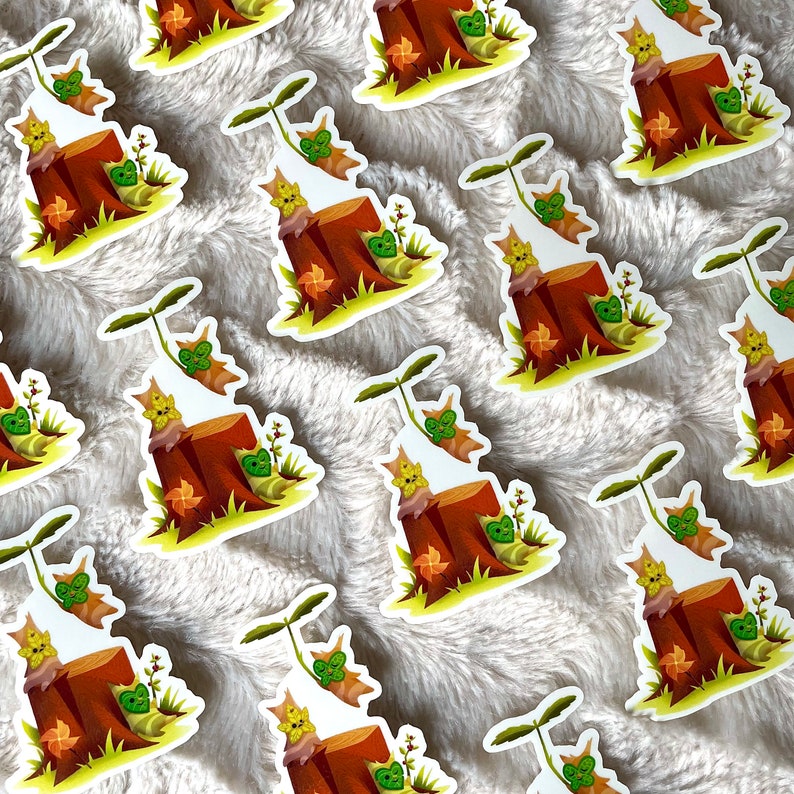 May include: A set of 10 stickers featuring a cartoon mushroom character on a tree stump. The stickers are printed on high-quality vinyl and are waterproof and durable. They are perfect for adding a touch of whimsy to laptops, water bottles, journals, and more.
