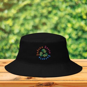 Reduce Reuse Recycle Hat, Recycle Embroidered Bucket Hat, Unisex Hat, Bucket Hat, Cute Hat, Unique Gift, Quirky Hat, Recycling Hat