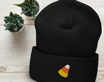 Candy Corn Beanie, Candy Hat, Halloween Hat, Beanie, Geborduurde Beanie, Foodie Hat, Foodie Beanie, Cadeau voor haar, Fall Hat, Fall Beanie