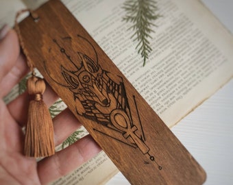 Anubis bookmark Greek mythology bookmark Ancient egyptian god wood book accessories Mystery engraved wooden book mark with tassel