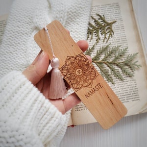 Personalized namaste bookmark for women Flower mandala wood bookmark Engraved wooden bookmark with tassel Yoga teacher birthday gift for her