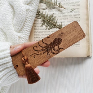 Octopus bookmark, Marine animal engraved wooden bookmark with tassel, Kraken wood bookmark,  Personalized Christmas sister gift for brother
