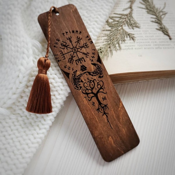 Yggdrasil tree of life bookmark Vegvisir viking compass engraved wooden book mark with tassel Huginn and muninn Odins ravens Norse mythology