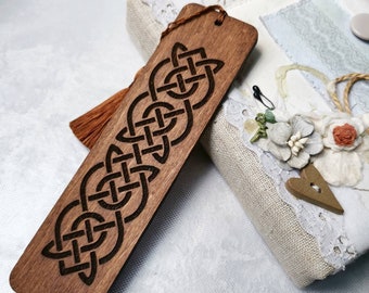 Celtic knot bookmark Engraved wooden bookmark with tassel Irish wedding favors Norse viking book mark gift for him / men / son / her / women