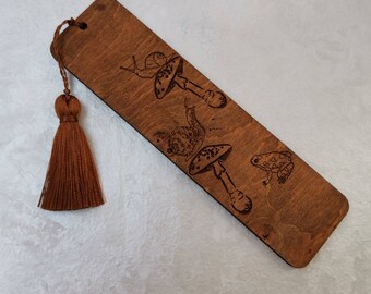 Personalized Snail and mushroom wood bookmark Dark Cottagecore stationary Custom engraved wooden bookmark with tassel Woodland frog bookmark