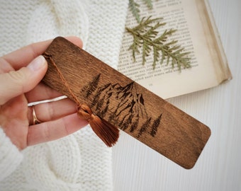 Mountain bookmark Forest engraved wooden bookmark with tassel Outdoor enthusiast Christmas avid reader gift Carving bookish things