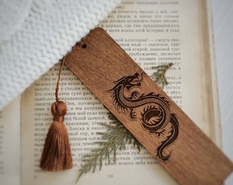 Dragon bookmark Engraved wooden bookmark with tassel Fairytale wood book markers Book page holders Viking gifts Medieval bookmark