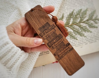 Bookshelf wood bookmark Engraved wooden bookmark with tassel Literature book mark Book accessories gift women Reader birthday gifts
