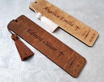 Personalized 1st communion bookmark favor Name and date engraved wooden bookmark with tassel First communion gift girl Christian book marks