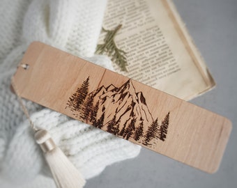 Personalized mountain bookmark, Pine tree forest engraved wooden bookmark with tassel, Outdoor enthusiast birthday gift  for book lover