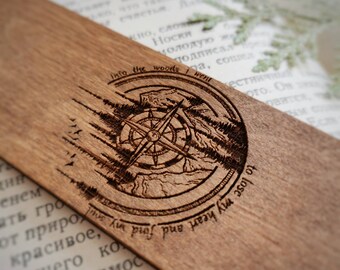 Compass bookmark Mountain and forest engraved wooden bookmark with tassel Outdoor enthusiast gift Book accessories for men / him / women