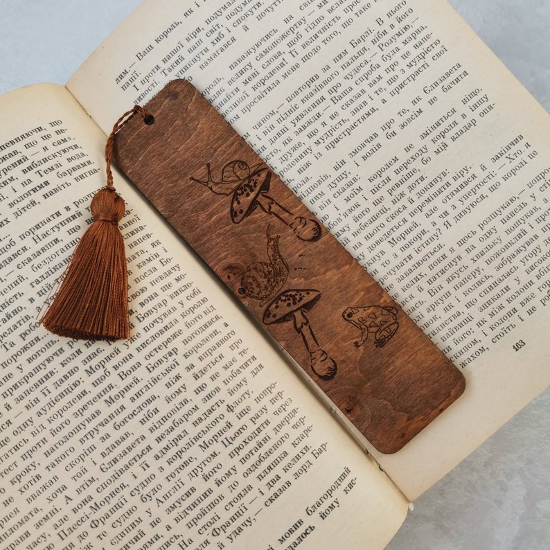 Personalized Snail and mushroom wood bookmark Dark Cottagecore stationary Custom engraved wooden bookmark with tassel Woodland frog bookmark image 6