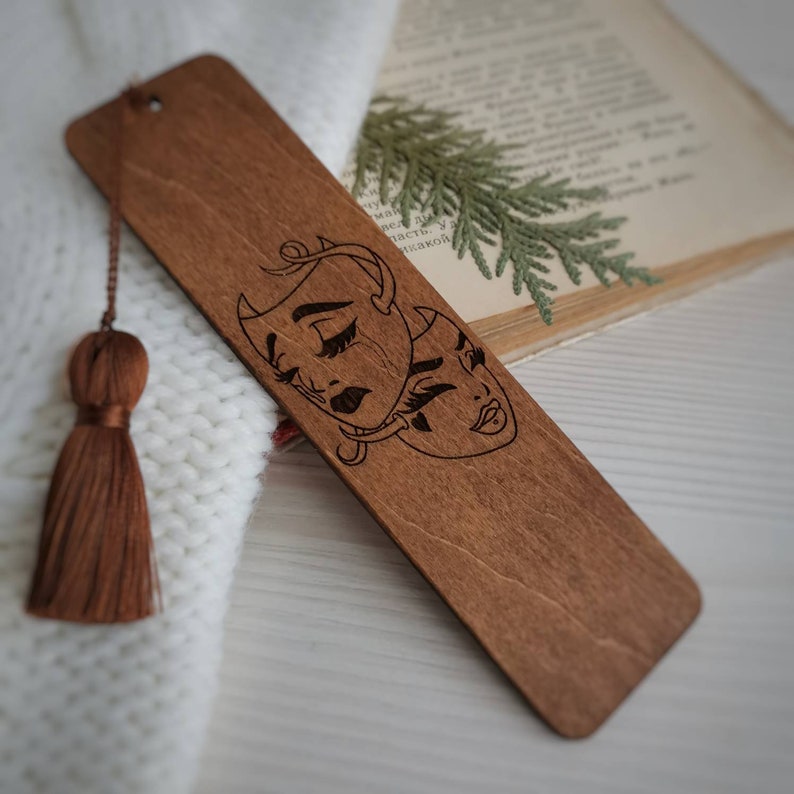 Comedy and tragedy masks engraved wooden bookmark with tassel Actress gift Drama teacher gifts Theater lover gifts Thespian gift Acting gift image 3