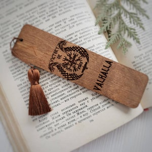Victory or Valhalla bookmark Vegvisir compass engraved wooden book mark with tassel Norse mythology Birthday Valhalla gift for husband