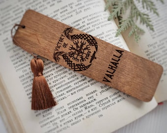 Victory or Valhalla bookmark Vegvisir compass engraved wooden book mark with tassel Norse mythology Valhalla gift for husband