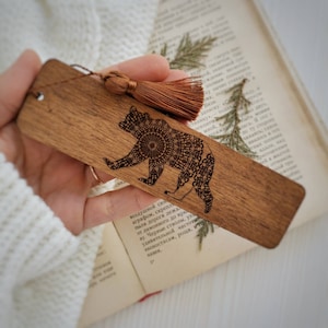 Bear bookmark Personalized wooden bookmark with tassel Woodland animals book mark Grizzly bear totem Book lover christmas gift