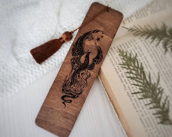 Phoenix bookmark Firebird engraved wooden book mark with tassel Wood rebirth gift