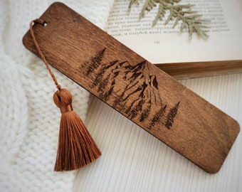 Mountain bookmark Forest engraved wooden bookmark with tassel Outdoor enthusiast gift Roommate last minute gifts