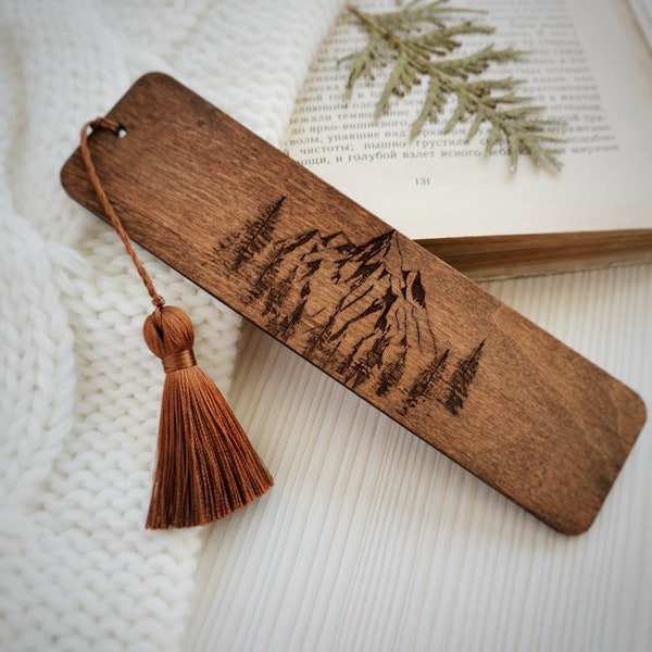 Mountain bookmark Forest engraved wooden bookmark with tassel Outdoor enthusiast gift Roommate gifts