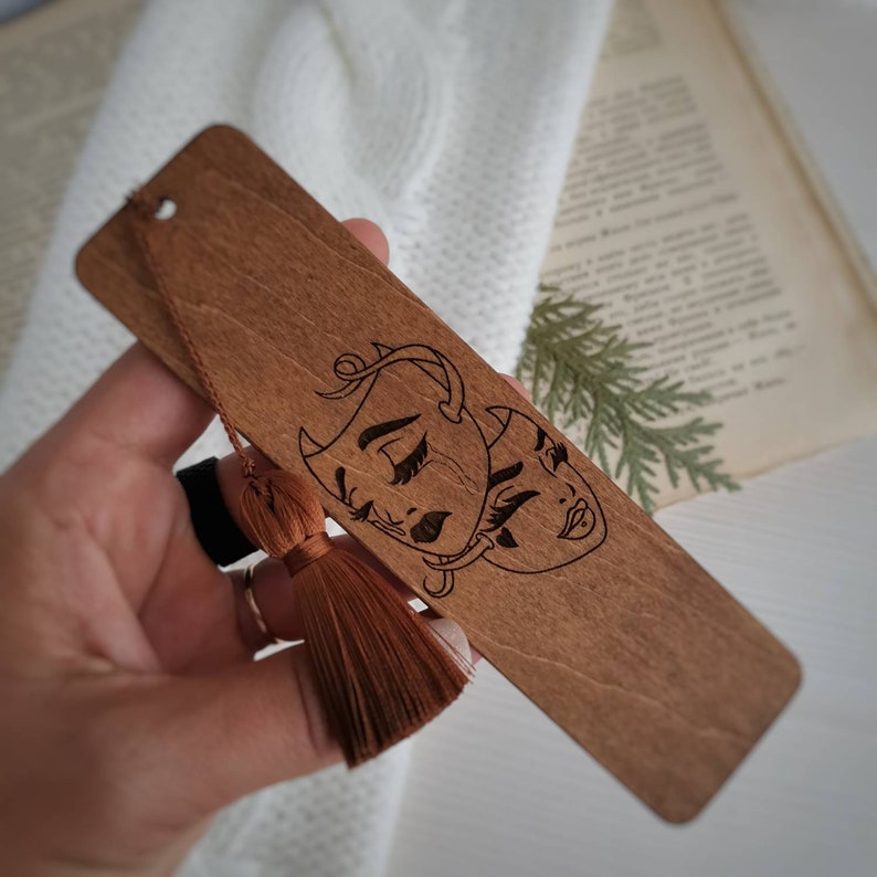 Comedy and tragedy masks engraved wooden bookmark with tassel Actress gift Drama teacher gifts Theater lover gifts Thespian gift Acting gift image 1