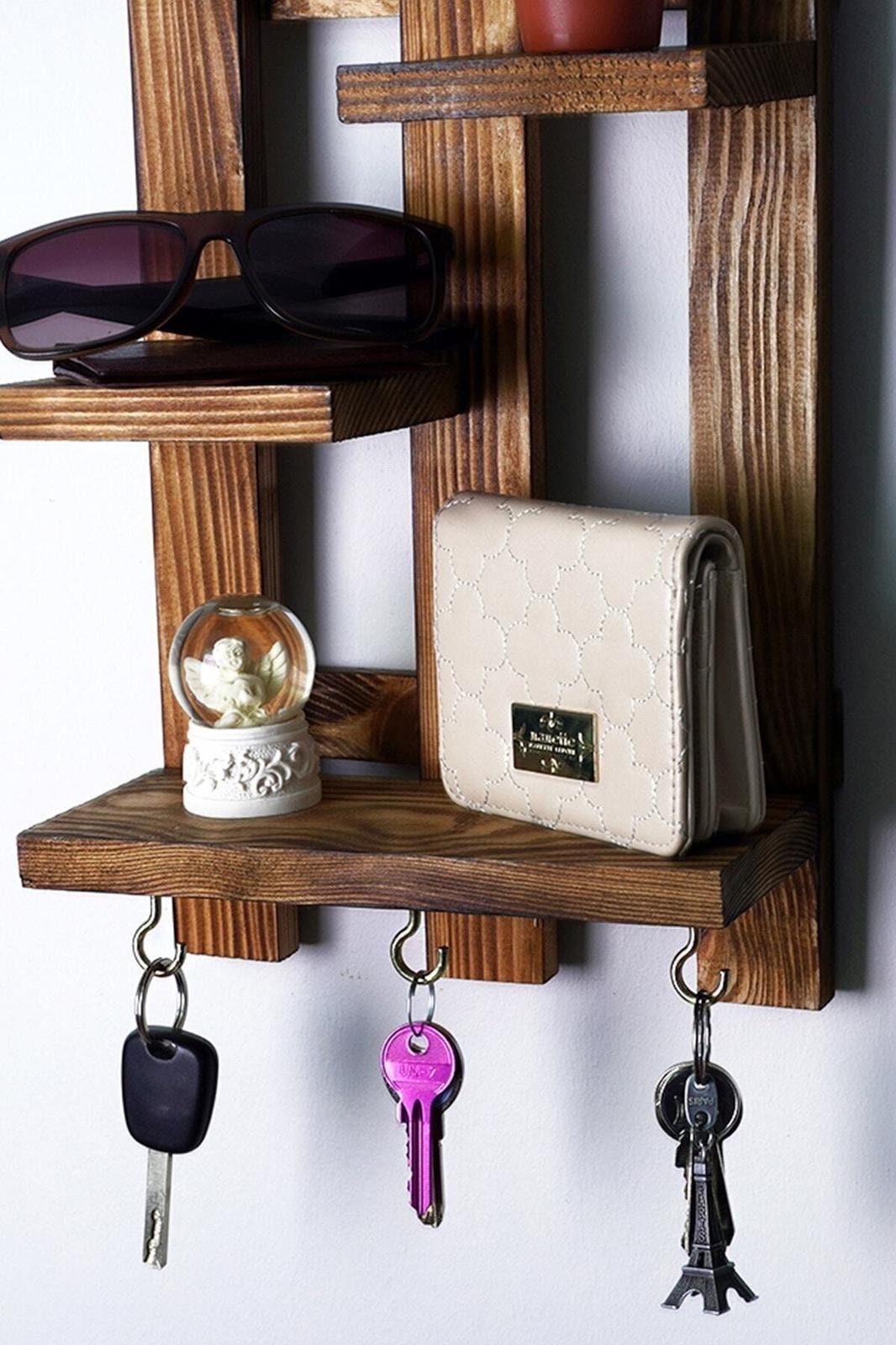 3 Level Decorative Wooden Key Hanger Entryway Wall Shelf Etsy