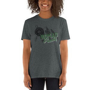May include: A heather gray t-shirt with a graphic of a compass, mountains, and the text "Nomad Family".