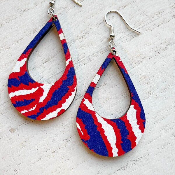 Zubaz Print Open Tear Drop Earrings | Buffalo Bills | Red and Blue | Bills Mafia | Spirit Earrings | Spiritwear | Dangle | Patterned Veneer