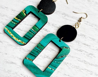 Jade Patterned Veneer and Black Veneer Combination Geometric Earrings | Wood | Boho | Chic | Gift | Statement | Square | Circle