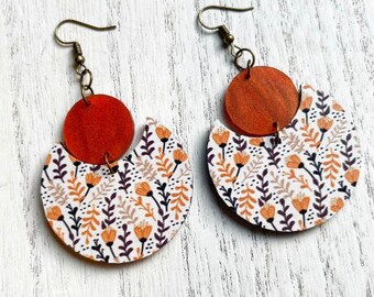 Floral Patterned Veneer and Copper Acrylic Geometric Earrings | Acrylic | Dangle | Unique | Fall | Laser Cut